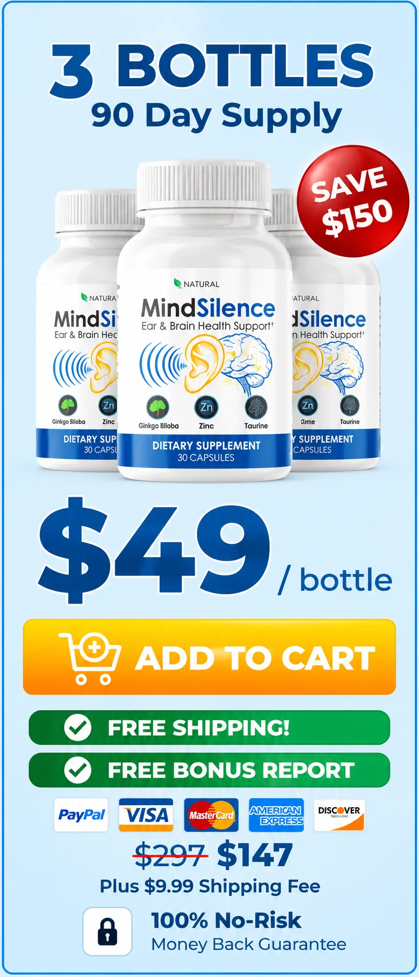 MindSilence 3-bottle most popular pack — 90-day supply with free shipping