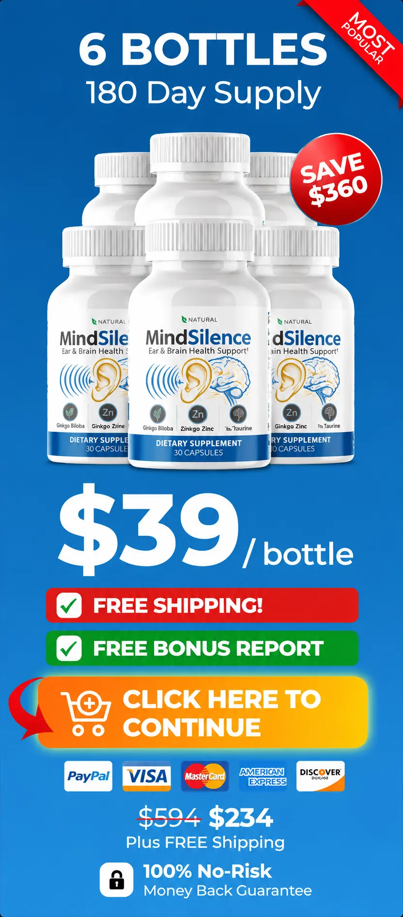 MindSilence 6-bottle best value pack — 180-day supply with free shipping and biggest savings