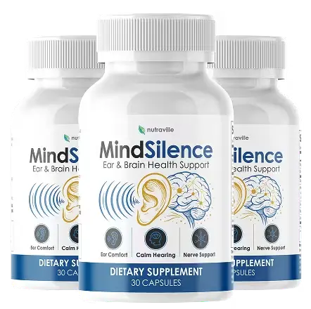 MindSilence dietary supplement bottle with seven nutritional and botanical ingredients